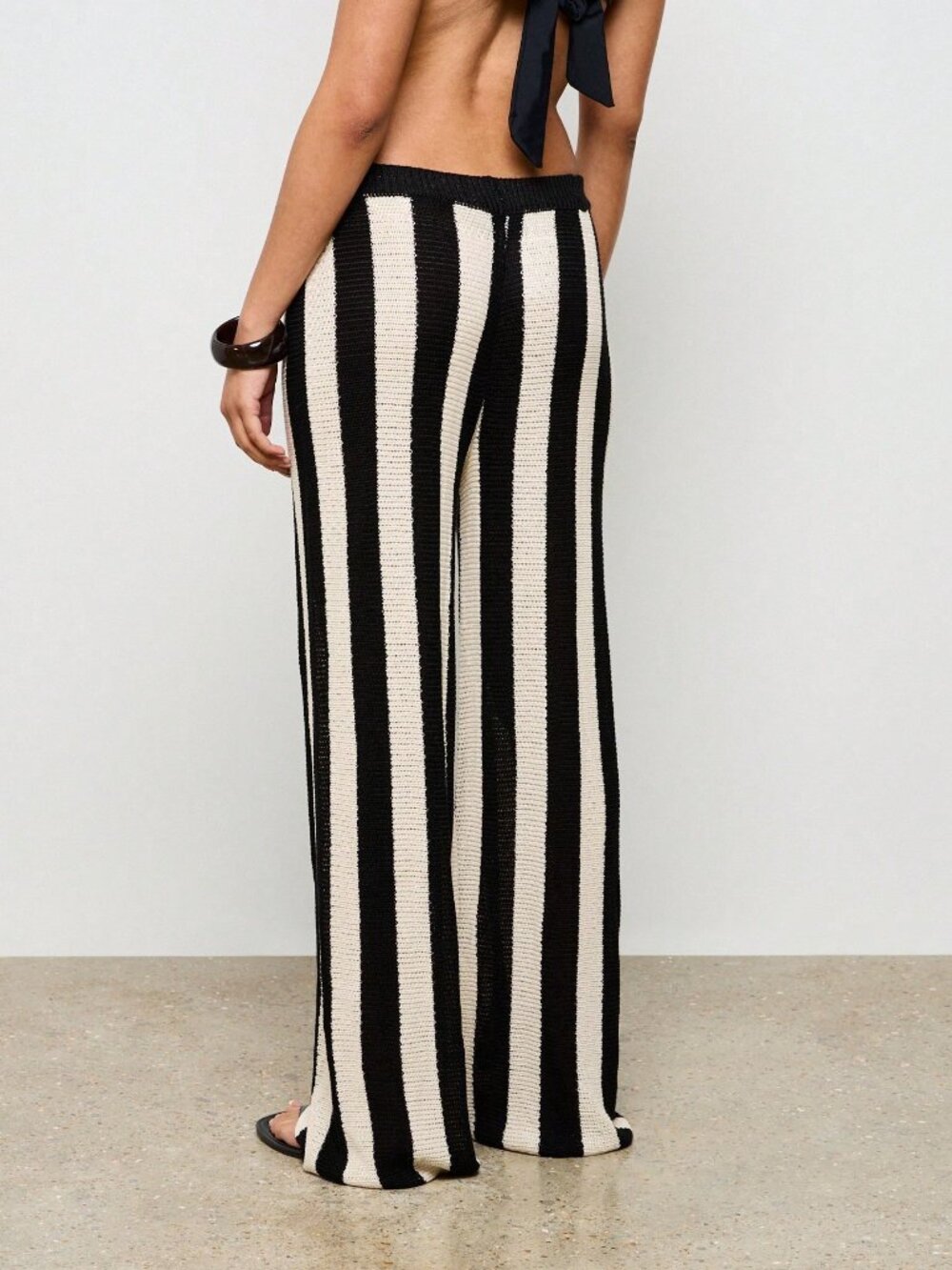 Black And White Casual Women's Stripe Wide Leg Crochet Trousers - Picture 2 of 6